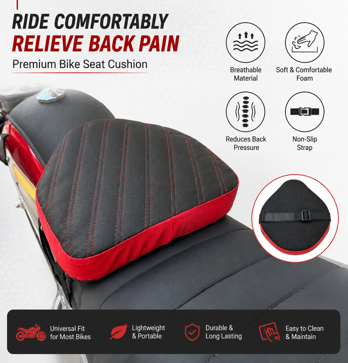 Double Stitch Water Proof Bike Seat CushionMotor Bike Long Route Cushion Long Travel Seat Comfortable (Molty Foam 1inch)